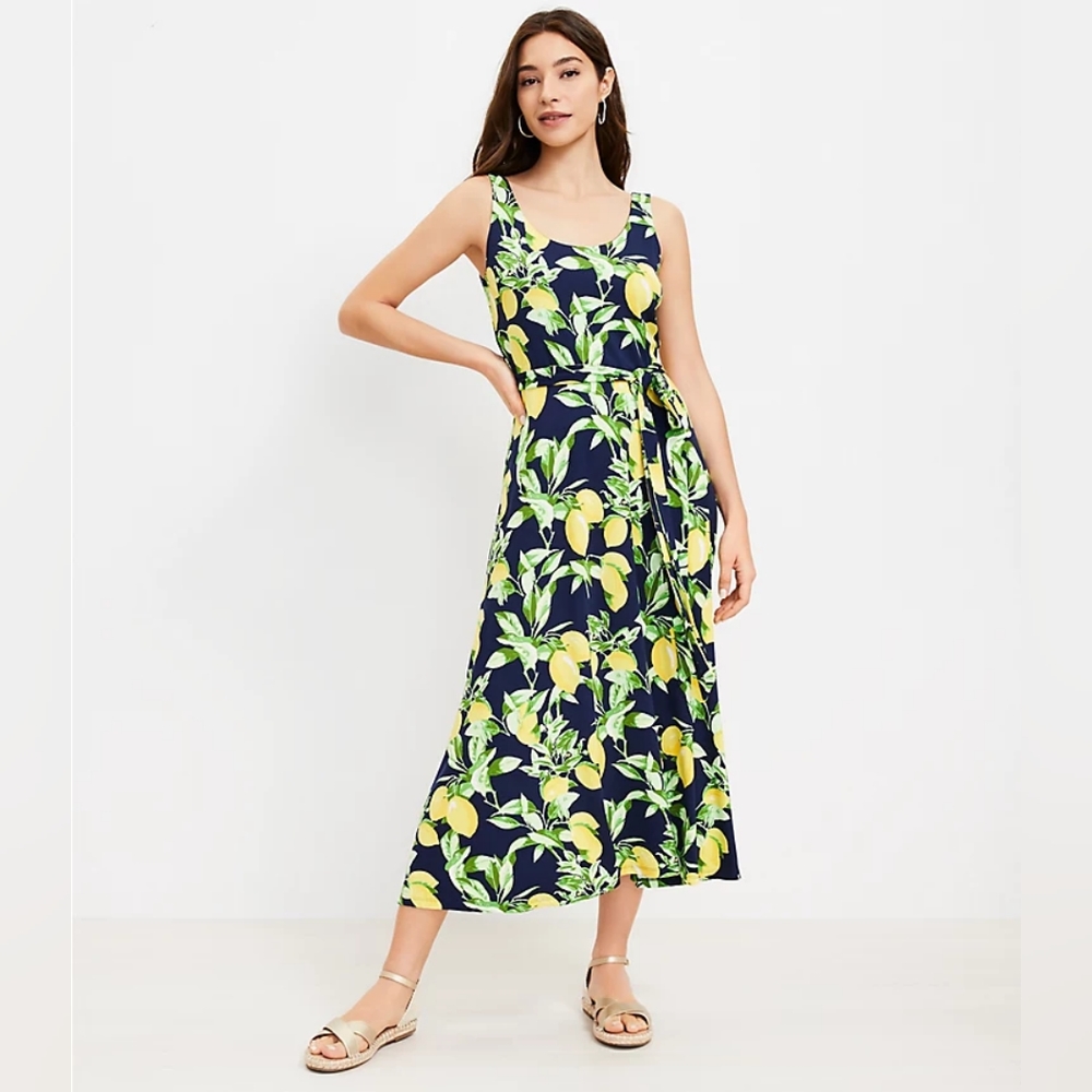 LOFT Lemon Tie Waist Midi Dress